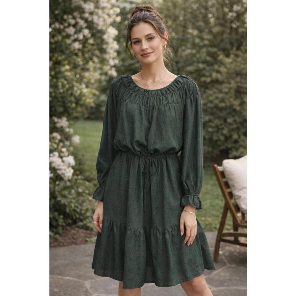 A New Day Forest Green Tiered Boho Dress XL Smocked Neckline & Drawstring
